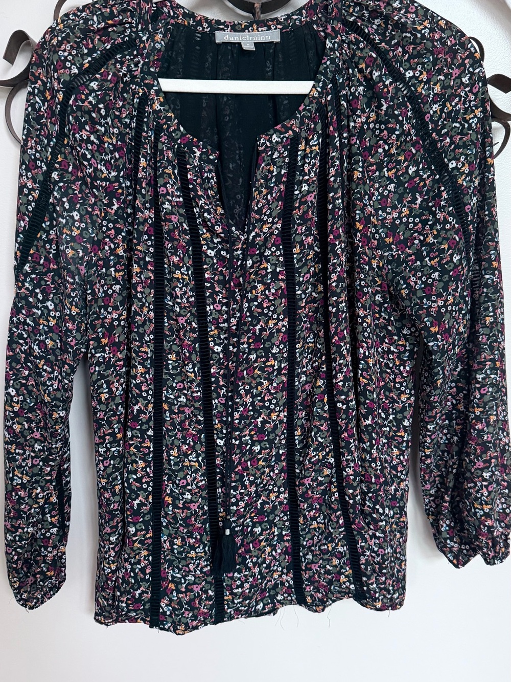 Daniel Rainn Black Floral Peasant Top with Pink, White & Mustard Accents